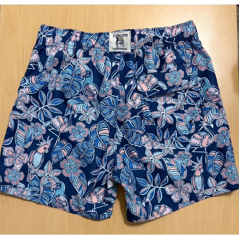 Ron Jon Surf Shop Mens Blue Tropical Parrot Flamingo Swim Trunks Small